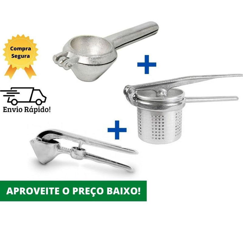 Kit 3 em 1 - Espremedor de Limão, Amassador de Batata e Triturador de Alho