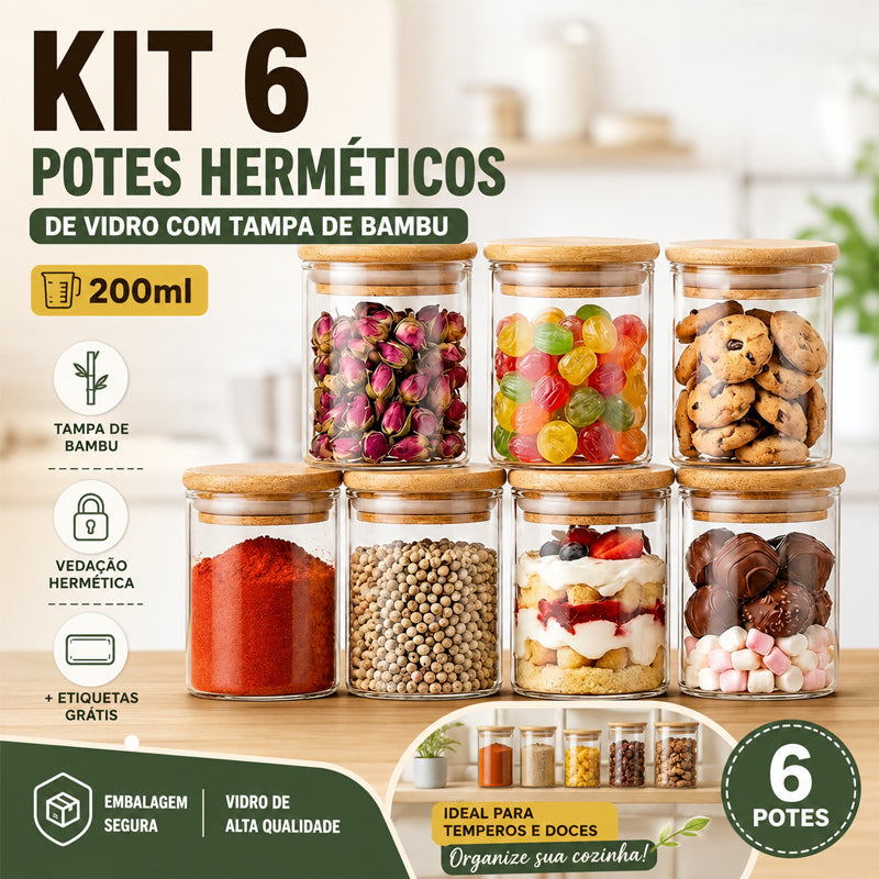 Kit 6 Potes Para Alimentos Com Tampa Bambu 200ML