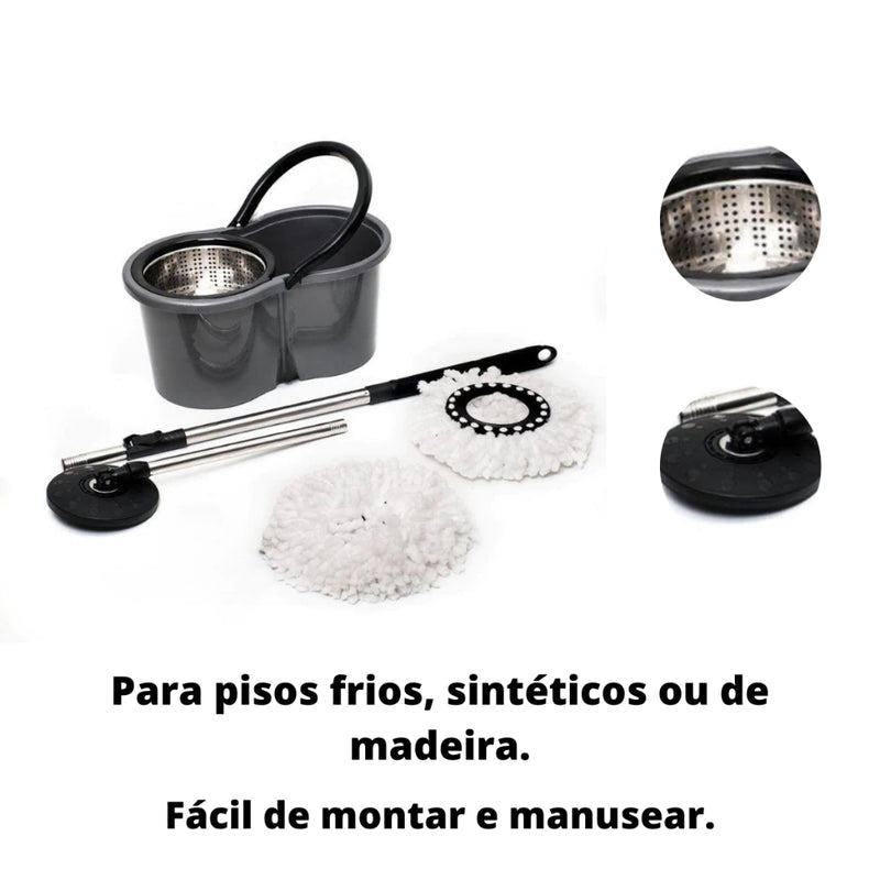 Esfregão Mop Com Centrifuga Inox + 2 Refil de Microfibra