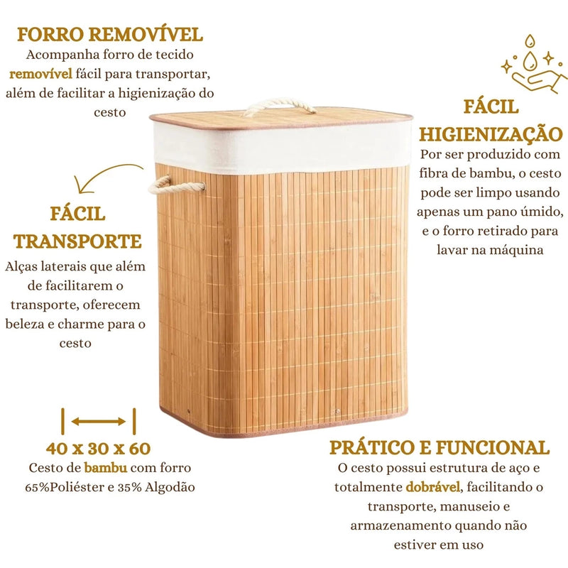 Cesto de Roupa Suja 70 LITROS Lavanderia em Bambu