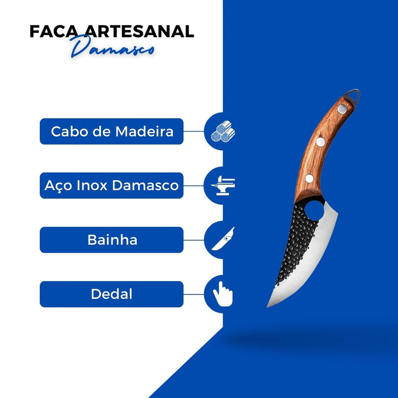 Faca Artesanal Aço Inox Cabo Madeira Damasco Bainha Couro